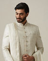 Classy White Patterned Sherwani Set image number 0